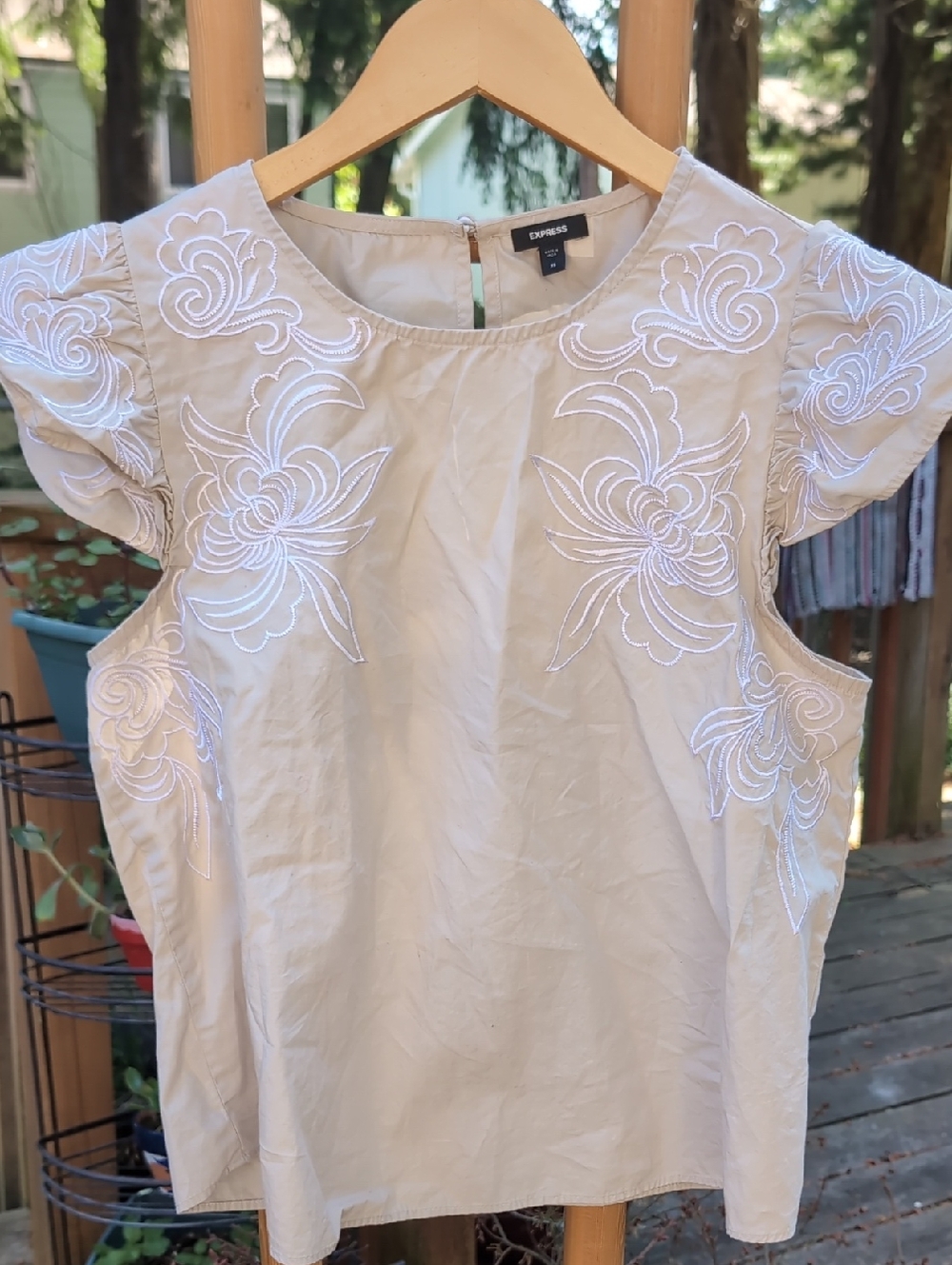 Express Cap Sleeve Ruffled Cream Embroidered Flutter Sleeve Blouse